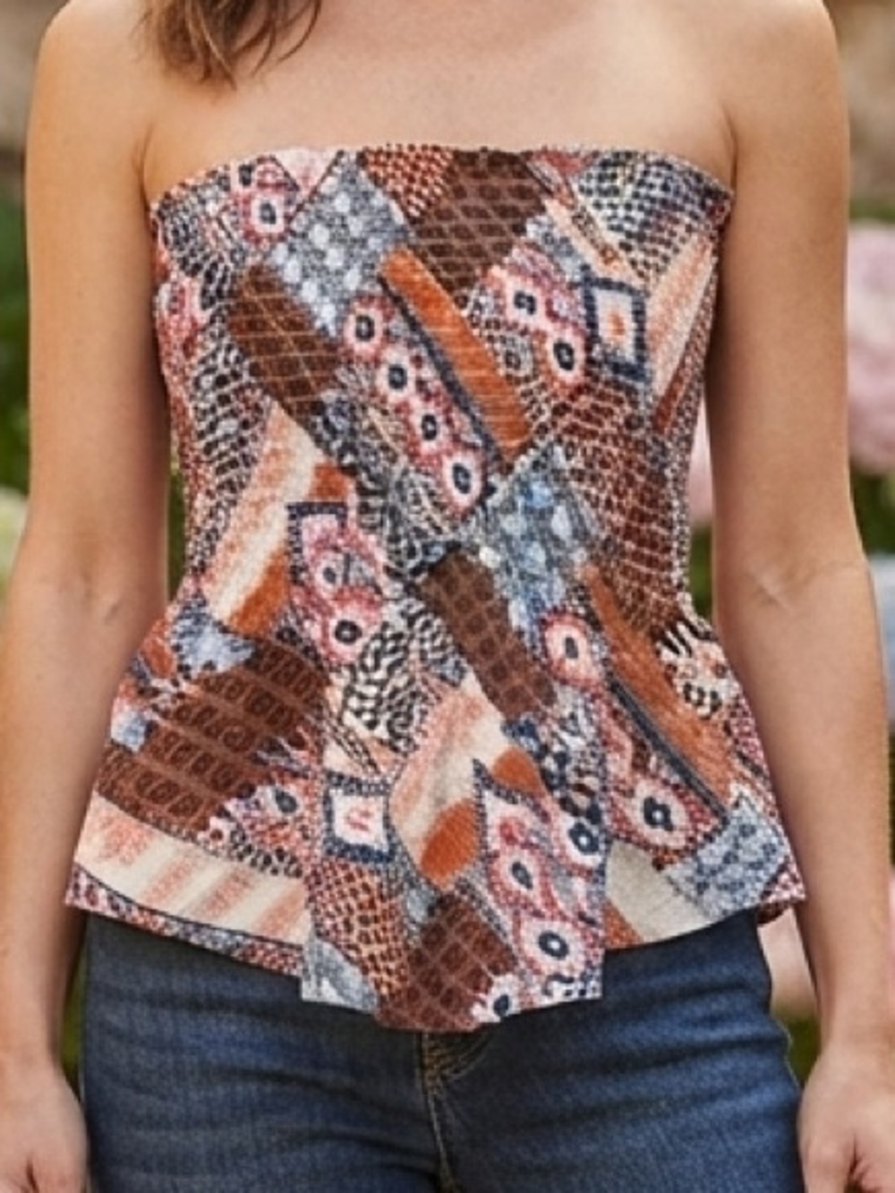 NWT New Look Strapless Patchwork Print Top in Brown, Blue & Cream